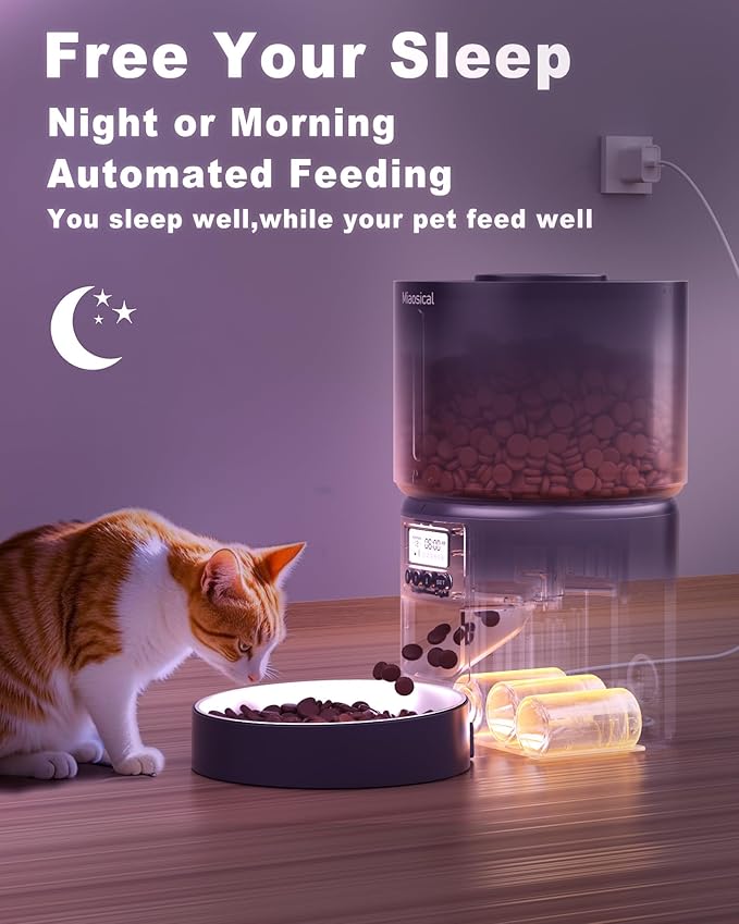 Automatic Cat Feeder Flexible Schedule Timer,6 Meals/Day,1-12 Portions/Meal,Dual Power Auto Feeder Dry Food Dispenser,10S Voice Record,for Cats & Small Dogs (Black,5.2L Stainless Steel Bowl)