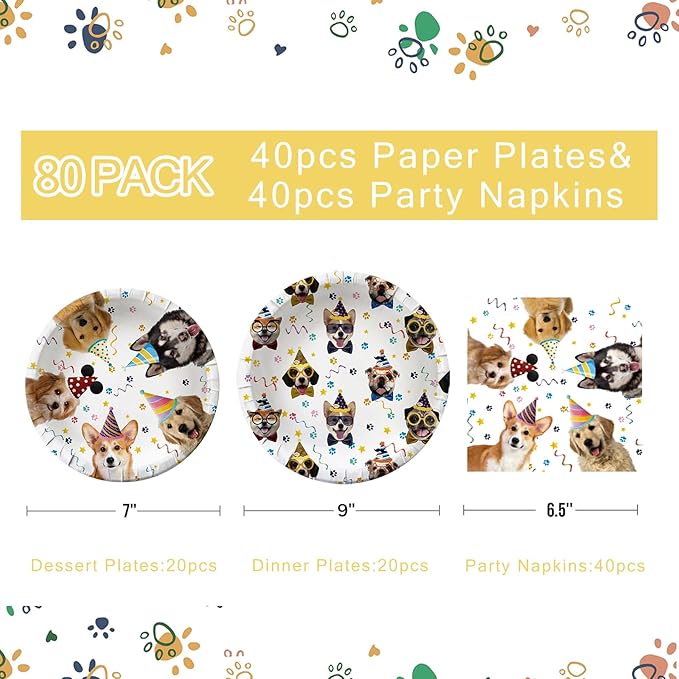 80PCS Dog Party Supplies - Puppy Dog Paper Plates and Napkins for Kids Doggy Birthday or Babyshower Party Decorations, Serves 40