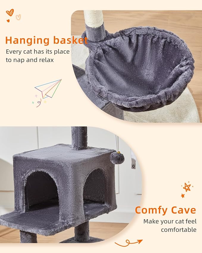 Taoqimiao Cat Tree,37.8-Inch Cat Tower for Indoor Cats,2 Luxurious cat condo with Adjustable Large Hanging Baskets and Large Luxurious Perch Smoky Gray MS029G