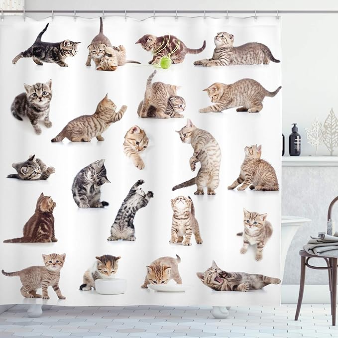 Ambesonne Cat Shower Curtain, Illustration of Funny Playful Cats on Plain Background Animals Kitten Pattern, Cloth Fabric Bathroom Decor Set with Hooks, 69" W x 70" L, Brown Black