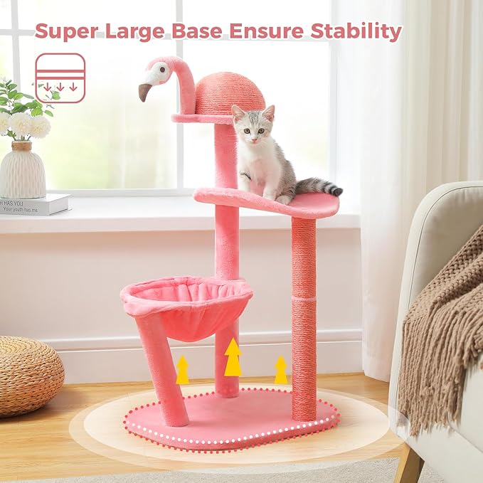 PETEPELA 34.2'' Cat Scracthcing Post, Tall Cat Scratcher with Large Cat Hammock [Dia=30CM], Flamingos Natural Sisal Cat Scratch Post, Pink Small Cat Tree Tower for Indoor Cats&Kittens