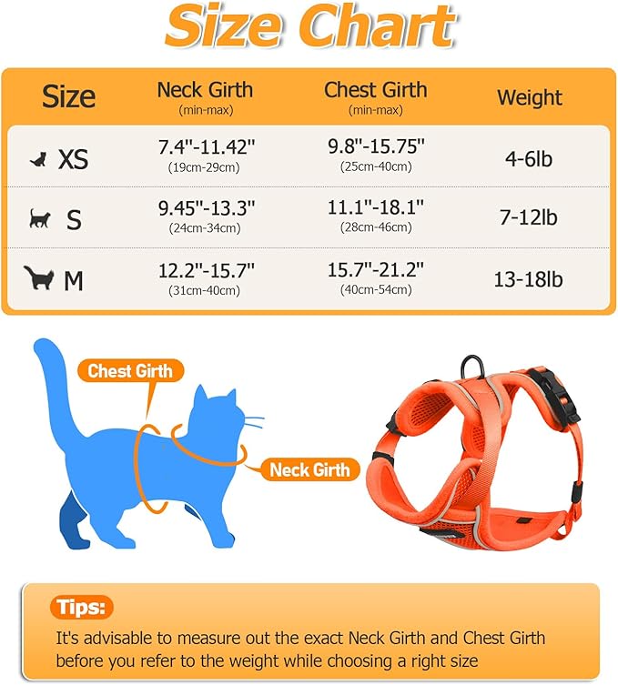 Halypet Cat Harness and Leash Set [MAX Safety 4th-Gen Upgrade] Escape Proof Adjustable Cat Leash Comfortable Soft Vest Easy to Wear Kitten Harness with Reflective Strip for Cats Walking, M Orange