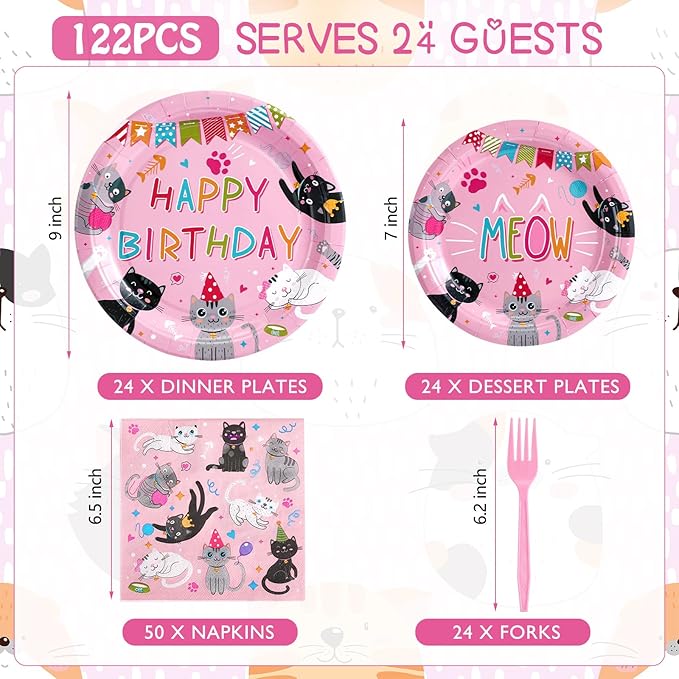 122 Pcs Cat Birthday Party Supplies Disposable Cat Themed Tableware Include 24 Dinner Plates 24 Dessert Plates 50 Paper Napkins 24 Forks Kitten Birthday Party Decoration for 24 Guests(Pink)