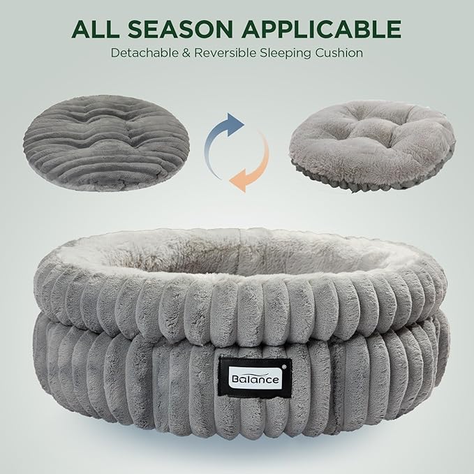 BALANCE Cat Bed Kitten Bed, Washable Round Cat Beds for Indoor Cats, Super Soft Plush Faux Fur Pet Bed for Puppy and Kitten with Anti-Slip Bottom
