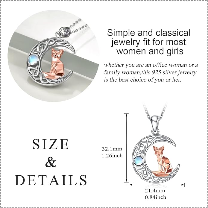 925 Sterling Silver Celtic Crescent Moon Animal Necklace for Women Fox/Black Cat/Hummingbird Crystal/Abalone Shell Pendant Jewelry Gift for Mom Daughter