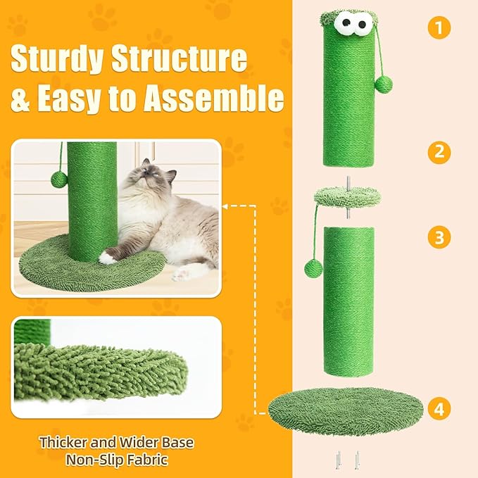 Nekosan Cat Scratching Post - 34-Inch Tall Indoor Cat Scratcher with 5.5-Inch Sisal-Wrapped Post, Hanging Ball Toy, Ideal for Large Cats and Kittens, Furniture-Friendly, Vibrant Green