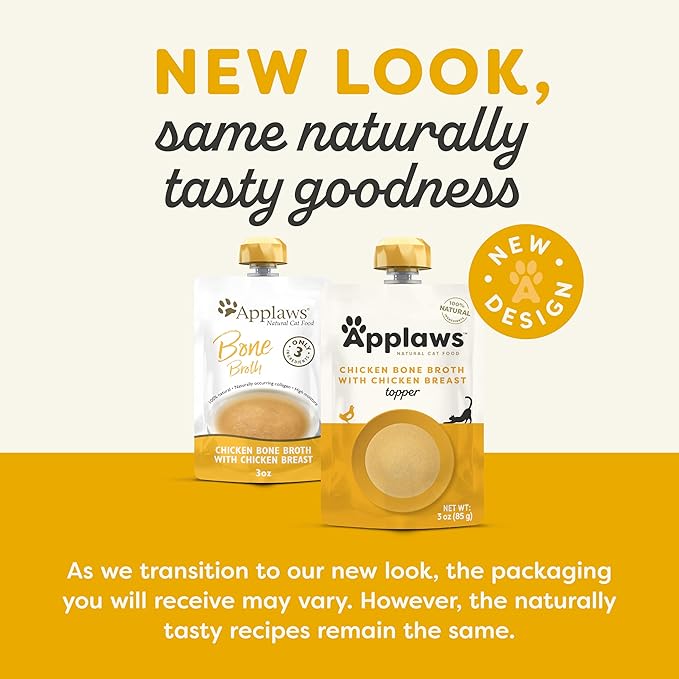 Applaws Natural Bone Broth Wet Cat Food Topper, Limited Ingredient Bone Broth for Cats, Wet Food Topper for Cats with No Artificials, Chicken Breast Bone Broth Topper (12 x 3oz Spout Pouches)