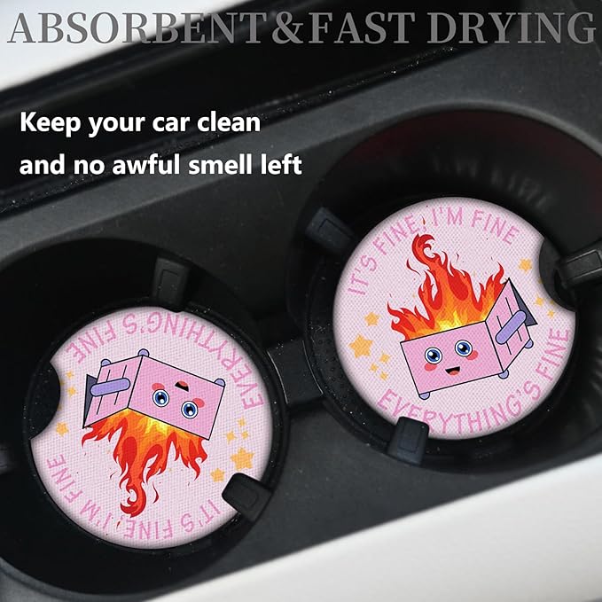 2 Pack Car Coasters for Drinks Absorbent,2 Pack Cup Holders,2.75" Car Interior Waterproof Coasters,Auto Accessories for Women & Men,Pink Fire Dumpster It's Fine I'm FineEvervthing