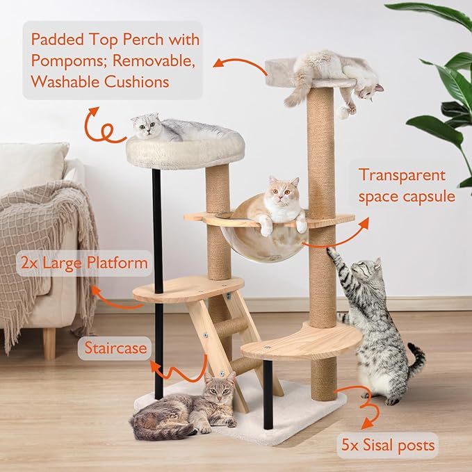 Cat Tree Tower Wood - 40inch Multi-Level Modern Cat Tower with Plush Perch, Cat Box with Large Space Capsule, Platforms, Sisal Scratching Posts, Removable Cushions for Small Cats (Natural)