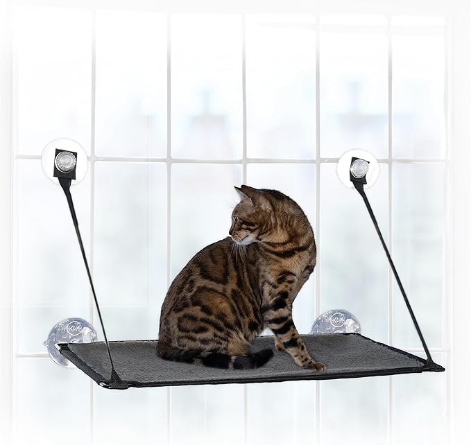 K&H Pet Products Deluxe EZ Mount Kitty Sill Cat Window Perch Hammock Seat Cat Bed, Sturdy Suction Cup Indoor Cat Accessory, Essential Hammock Style Window Shelf - Perch Without Bolster, Gray