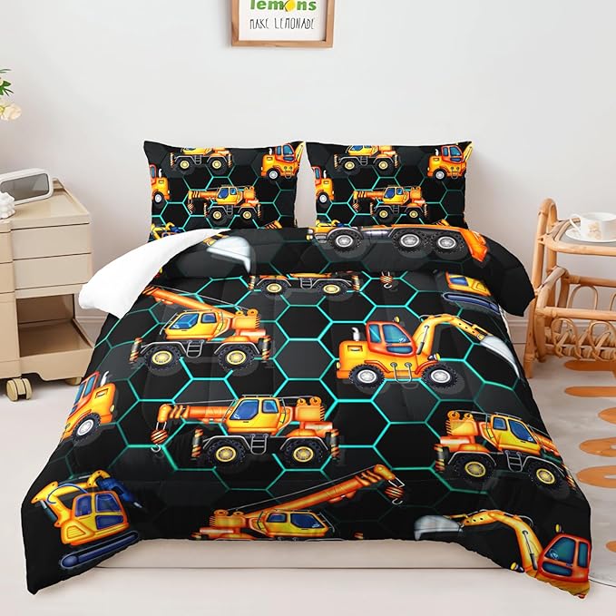 AILONEN Kids Cartoon Excavator Comforter Set Queen Size,Vehicles Construction Truck Bedding Set for Boys Teen,3 Piece Soft Duvet with 2 Pillowcases