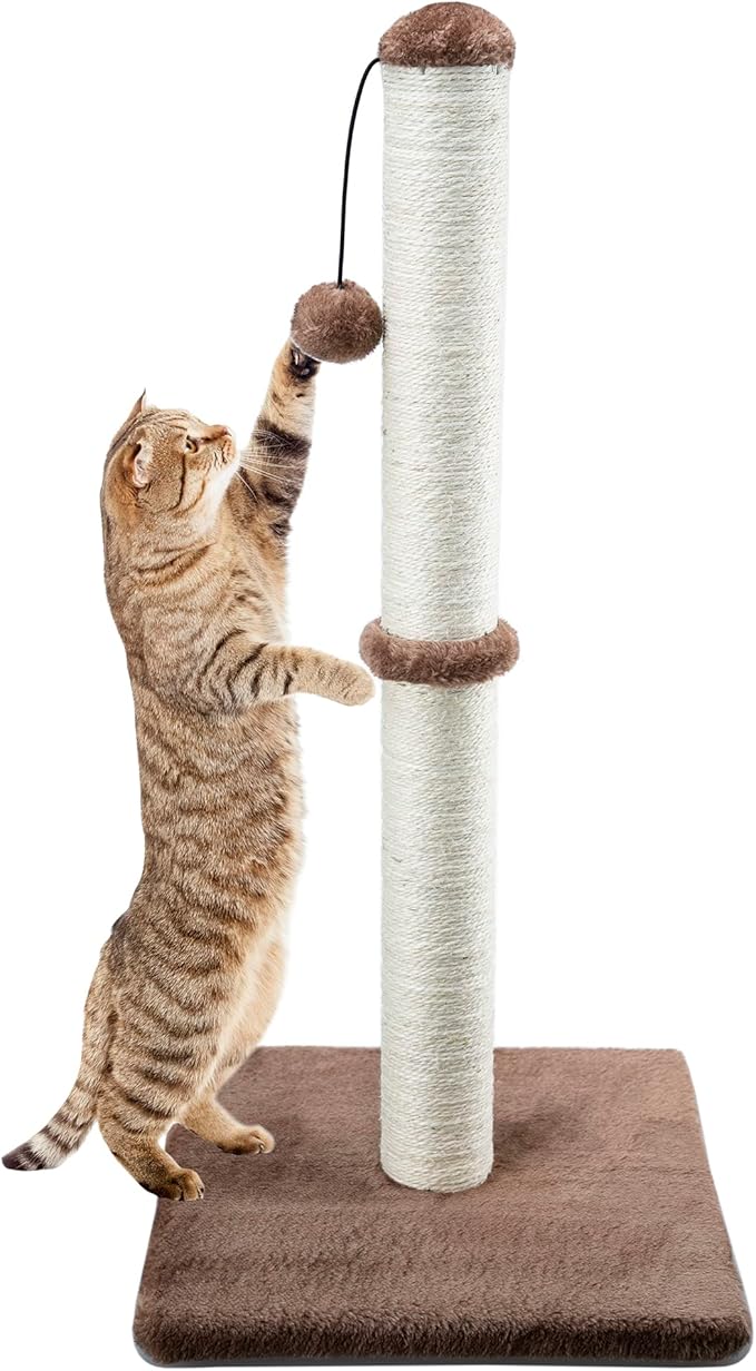 Dimaka 29" Height Tall Cat Scratching Post, Claw Scratcher with Sisal Rope and Covered with Soft Smooth Plush, Vertical Scratch [Full Strectch] for Standard Size Cats (Dark Brown, 29 inches)