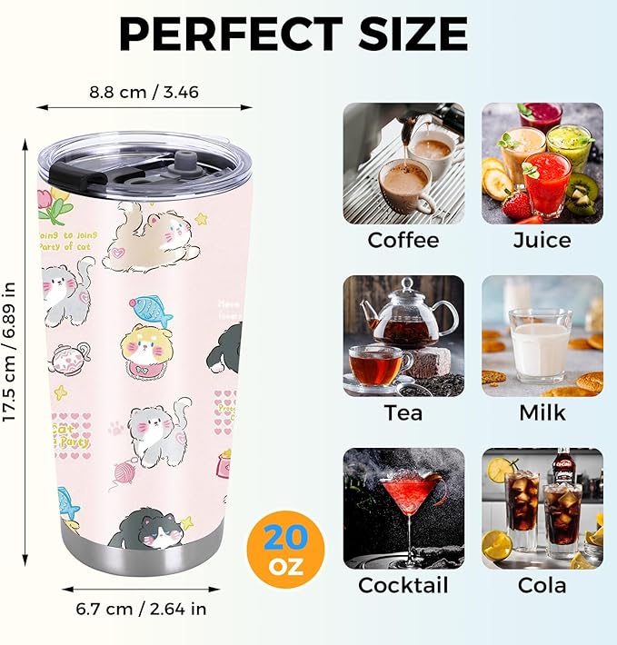 20 oz Stainless Steel Cat Tumbler, Coffee Cups with Lid, Tea Tumbler for Women Men, Cat Lover Christmas Birthday Gift for Women Girls