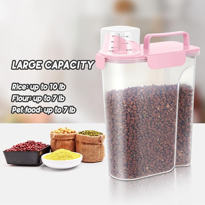 5Lbs Dog Cat Storage Container Portable with Upgraded Large Spout and Cup,Plastic Pet Food Dispenser for Small Animal Kibble,Bird Seed,Oatmeal,Rice,flour,brown sugart- Light Pink