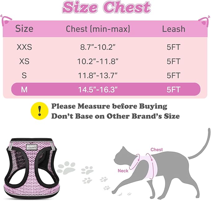 Cat Harness and Leash for Walking Escape Proof, Adjustable Kitten Vest Harness Reflective Soft Mesh Puppy Harness for Outdoor, Comfort Fit, Easy to Control (Lpink, M)