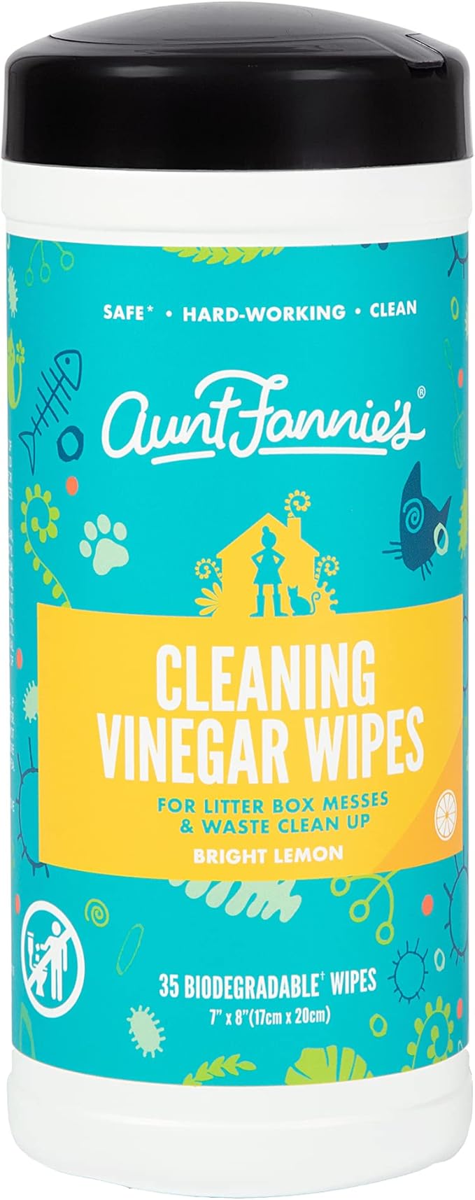Aunt Fannie's Vinegar Cat Cleaning Wipes for Cat Odors and Messes, Multipurpose Surface Cleaner for Cat & Kitten Homes, Bright Lemon Scent, 35 Count (Pack of 1)