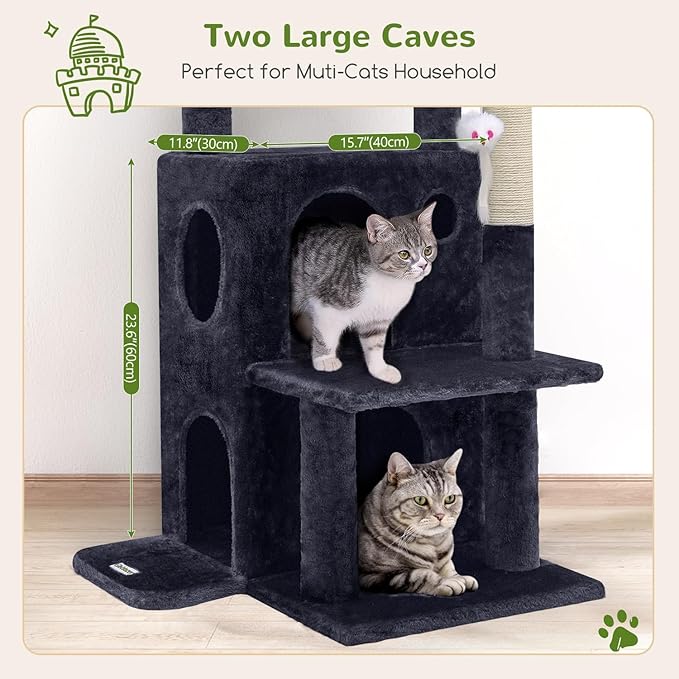 FC50 Cat Tree Tower for Indoor Cats, 50-inch Adult Cat Tree House for Large Adult Cats with Steps, Scratching Post, 2 Cat Caves, Dangling Toys, Dark Grey