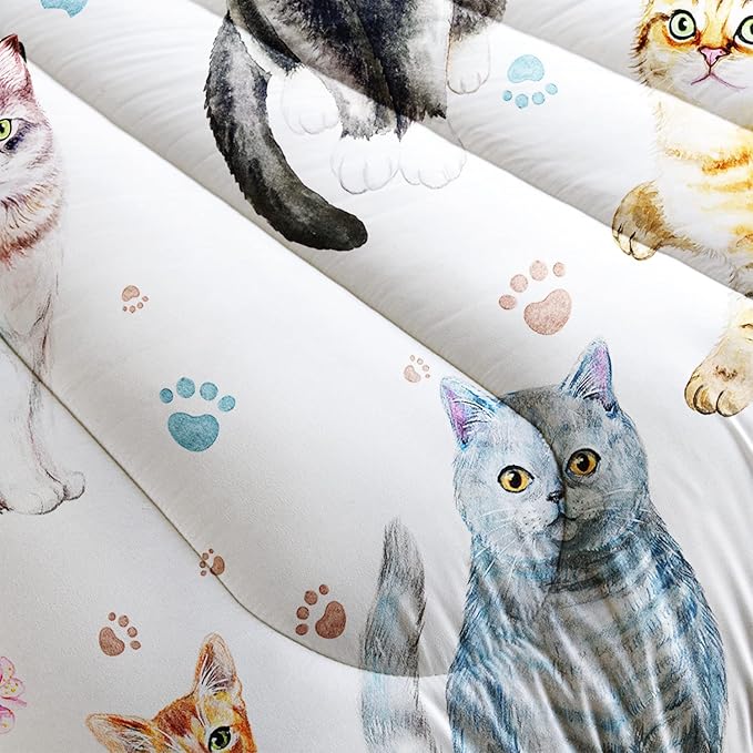 AILONEN Watercolor Cat Print Bedding Set Full Size with Cats and Footprints Comforter Set for Boys Girls, Soft Breathable White Tint Duvet Set 3 Pieces, 1 Quilt and 2 Pillowcases