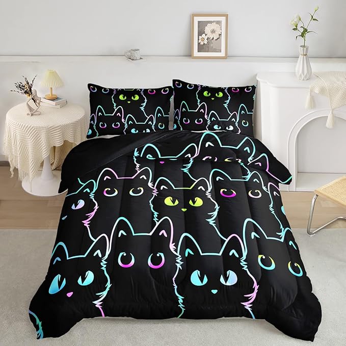 Axolotl Kids Bedding Cartoon Cat Comforter Set Twin Size,Gradient Line Cute Cat Bedding Set for Teens Boys Girls Adults Room Decor,Kids Comforter Set All Season,1 Comforter 2 Pillow Cases,Black