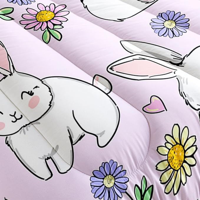 AILONEN Rabbit Comforter Set Twin Size, Cute Bunny Bedding Set,Girls Kids Kawaii Comforter Set,Colorful Daisy Floral Duvet Set 3 Pieces, 1 Quilt and 2 Pillowcases