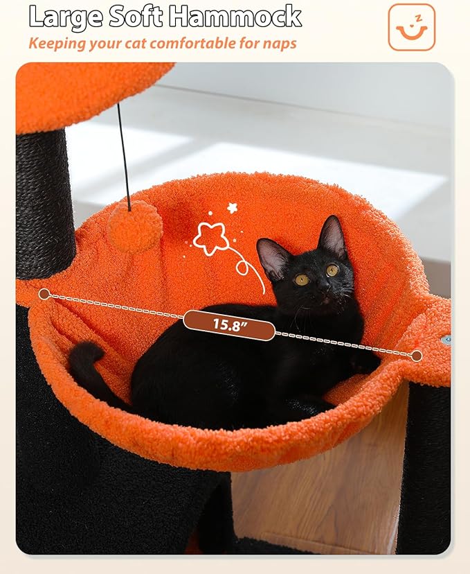 Halloween Cat Tree with Yellow Flower Perch - Black Scratching Posts, 35" Coffin Cat Tower with Large Hammock Cat Condo for Small Indoor Cats, Yellow Pumpkin Cat Bed for Kittens,Orange