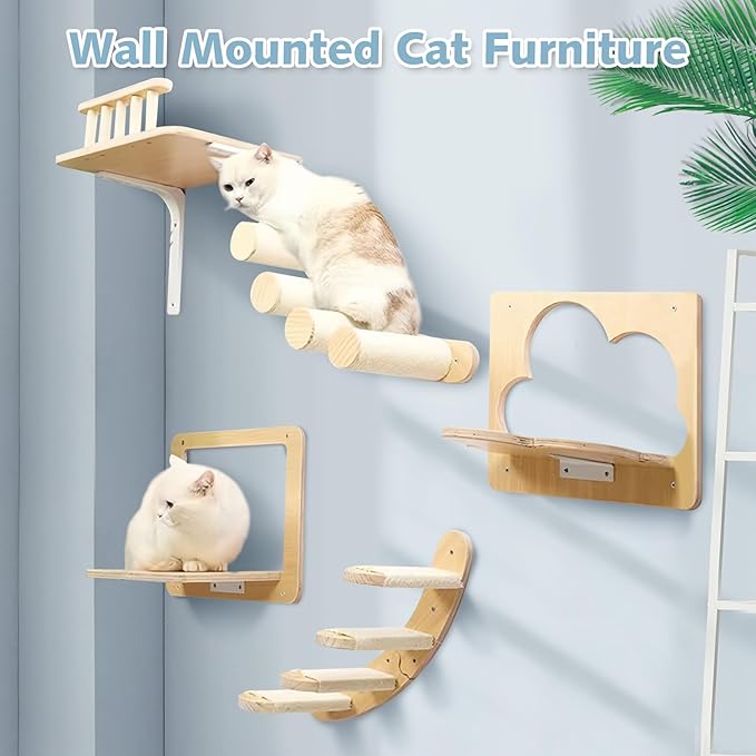 PINVNBY 5 Pcs Cat Wall Furniture, Cat Wall Shelves, DIY Cat Walls Playground with 3 Cat perches, 2 Cat Steps for Sleeping, Playing, Climbing, Large, Burlywood