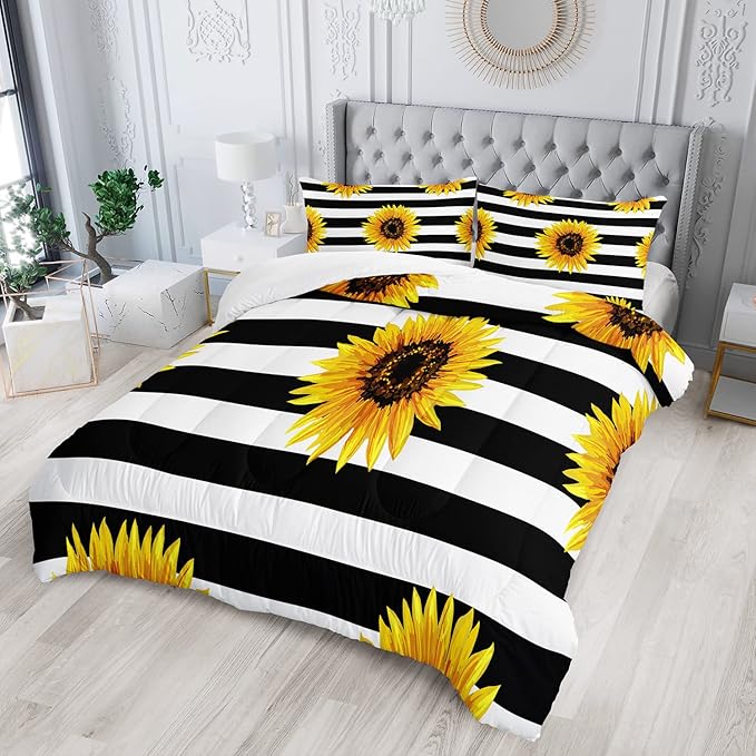 AILONEN Sunflower Comforter Set Twin Size, Black and White Striped Flower Bedding Set,Superior Yellow Flower Bed Set,Printed Stripe Quilt,Pillow Case,Microfiber Fabric
