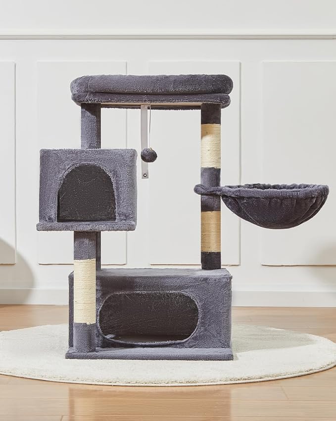 Taoqimiao Cat Tree,37.8-Inch Cat Tower for Indoor Cats,2 Luxurious cat condo with Adjustable Large Hanging Baskets and Large Luxurious Perch Smoky Gray MS029G