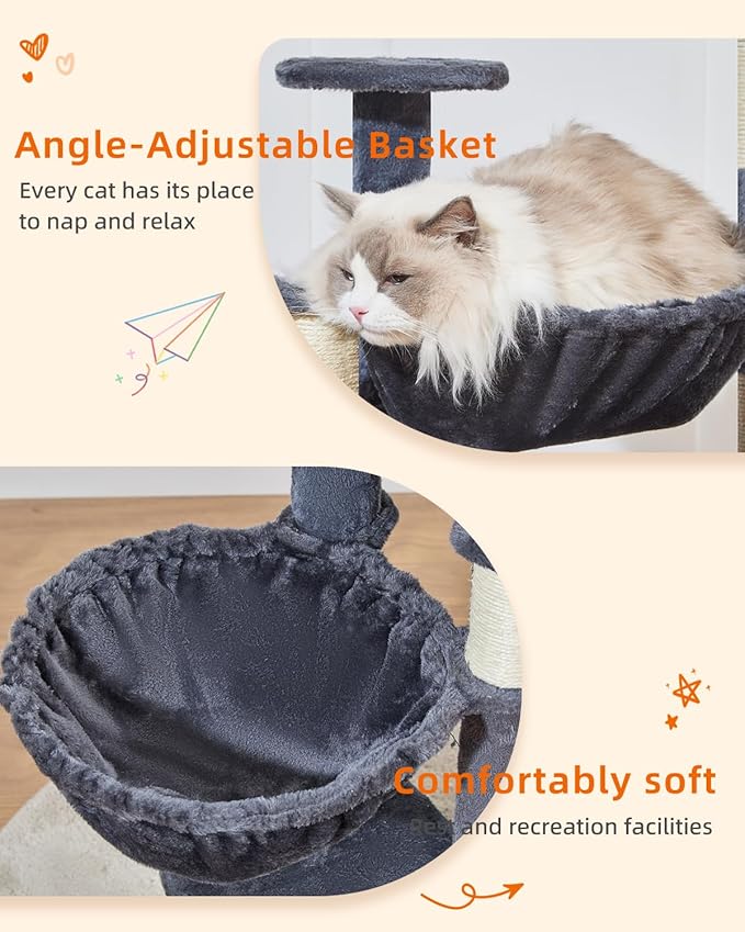 Taoqimiao Cat Tree, 48-Inch Cat Tower for Kittens, Cat Tree Tower with 5 Scratching Posts, Plush Cat Condo with Plush Perch, 2 Hammock, Pompoms, Smoky Gray MS019L-G