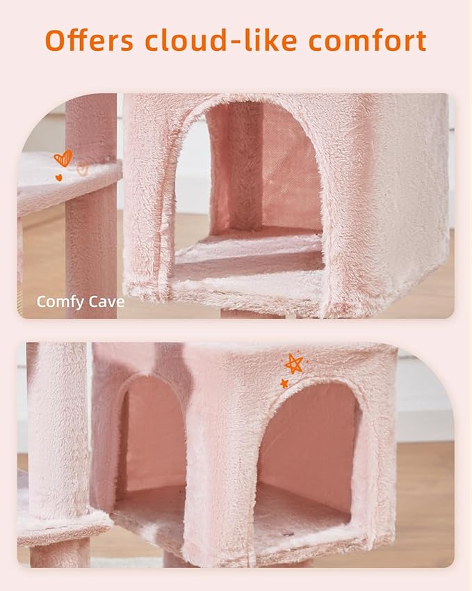 Taoqimiao Cat Tree, 39.4-Inch Cat Tower for Indoor Cats,Suitable for Kittens,Plush Cat Condo with 5 Scratching Posts, Plush Perch,2 Hammock,Pompoms, MS019PB Pink and Blue
