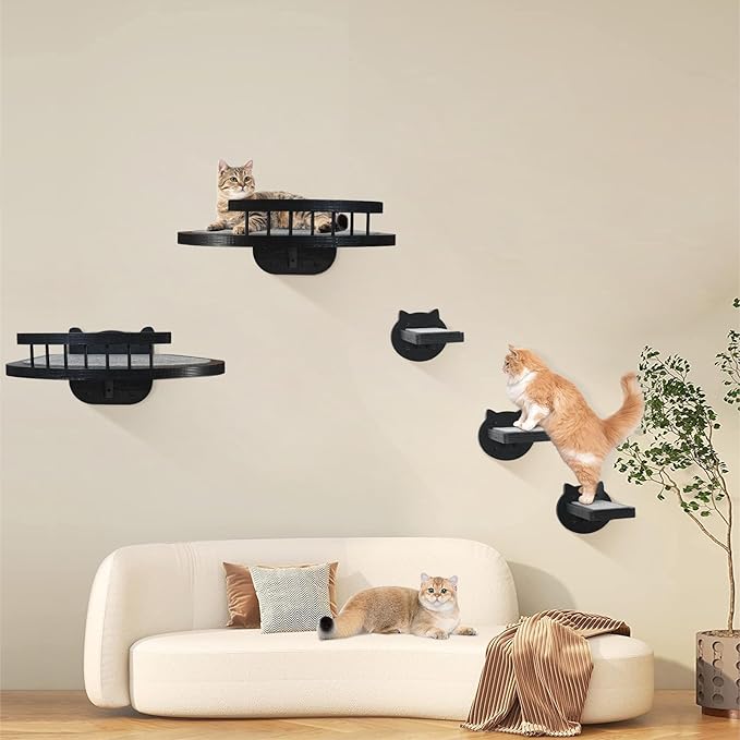 Cat Wall Furniture Wall Mounted, 2PCS Cat Shelves and Cat Perches for Wall with 3 Cat Wall Steps and Scratching Pad, Cat Climbing Condo Fit Cat Up to 15Lbs, Wood Cat Hammock Wall Mount (Black)