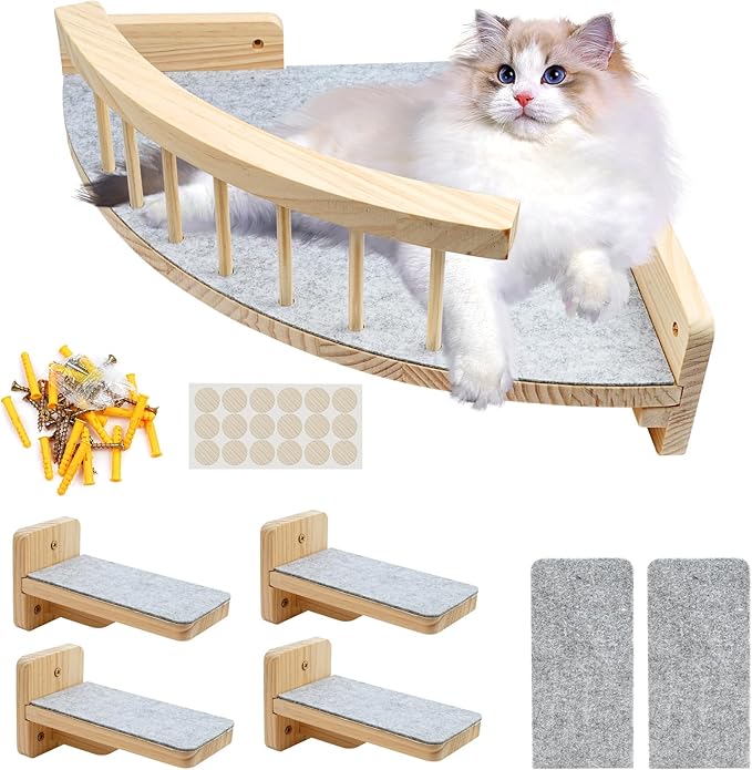 Cat shelves for wall with 4 Steps Scratch Post 13 * 13 in Indoor Walled Mounted Cat Bed with 6 Felt Pad Wood Cat Bed Hammock with Climbing Shelf for Cats Support 20 LBS