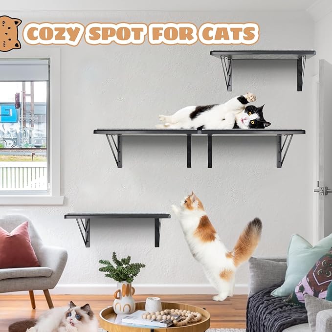 Cat Wall Shelves Set of 2, Wood Cat Shelves for Wall, Cat Wall Bed Hammock with Scratching Pad, Cat Climbing Shelf for Sleeping Playing, Cat Window Perch for Large Cats, Black Cat Furniture for Indoor