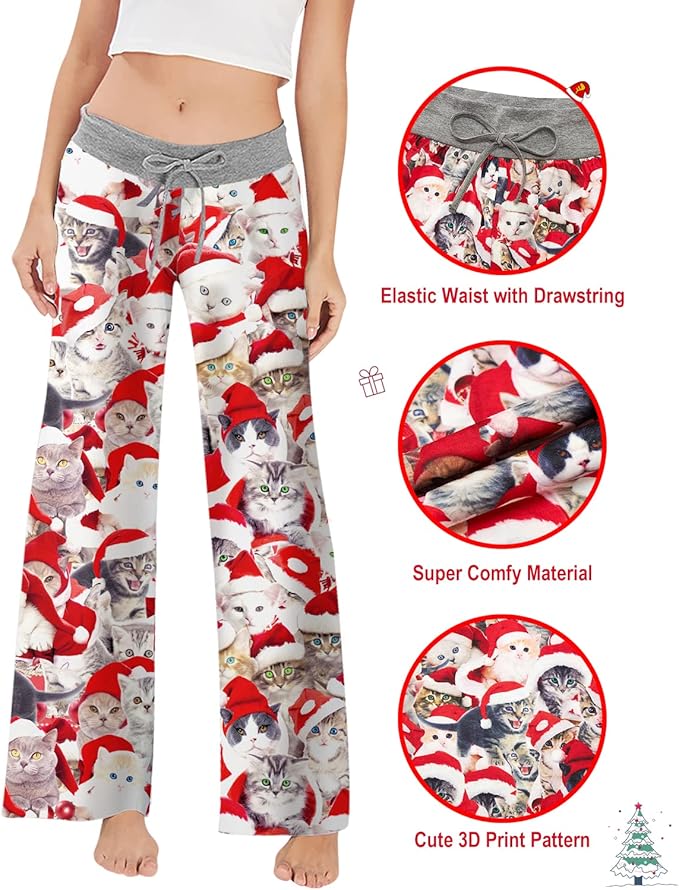 ALISISTER Christmas Womens Pajama Pants Casual Comfy Sleepwear Wide Leg Drawstring Bottoms