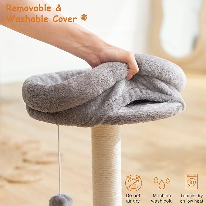 Small Cat Tree Tower with Scratching Post, Modern Kitten Tower for Indoor Cats, Short Carpet Sisal Cat Scratcher Stand with Large Bed Perch, Scratch Ramp, Toy Ball for Kitty Play (Grey)