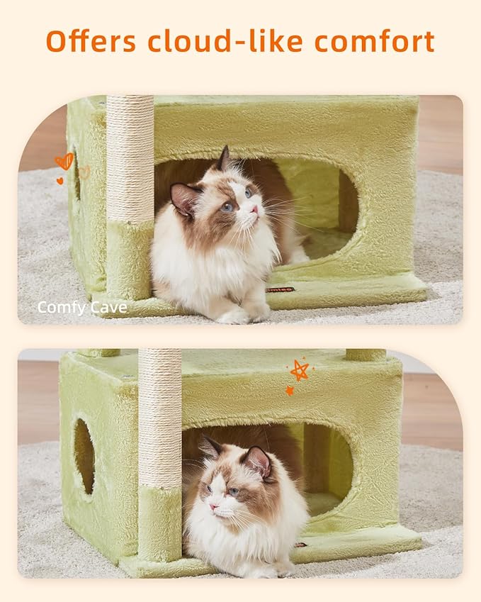 Taoqimiao Cat Tree,38.2-Inch Cat Tower for Indoor Cats,Suitable for Kittens with Luxurious cat condo with Adjustable Baskets and Luxurious Perch MS029SGB Green and Beige