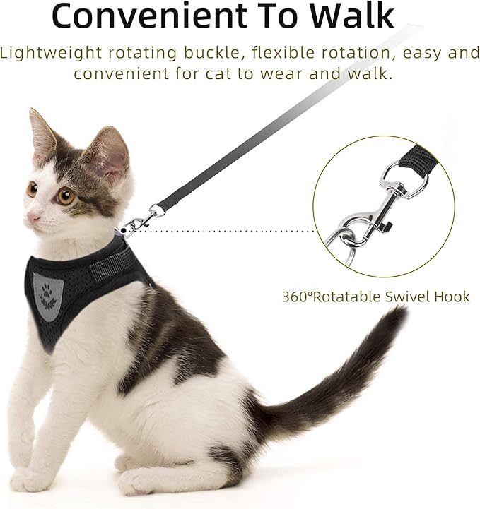 Cat Vest Harness and Small Dog Vest Harness for Walking, All Weather Mesh Harness, Cat Vest Harness with Reflective Strap, Step in Adjustable Harness for Small Cats (Black, XS)