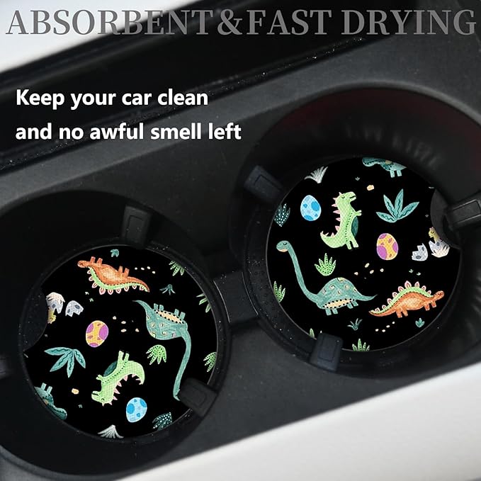 2 Packs Car Coasters for Cup Holders,Keep Cup Holders Clean and Dry,Drink Cup Car Holder Coasters with A Finger Notch,2.75in/7cm,Automotive Cup Holder Cute Dinosaur Graffiti Accessories for Women Men