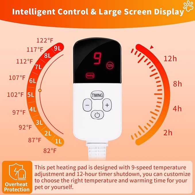 Dog Heating Pad, Waterproof Pet Heating Pad for Cats Dogs with 12H Timer & 9-Adjustable Temperature, 28x18in Heated Dog Pad, Pet Heater Warmer for Cat Dog House Whelping Box Outdoor Indoor