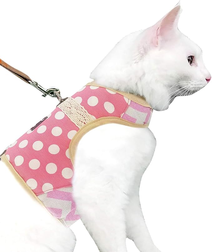 Cat Harness and Leash for Walking Escape Proof, Adjustable Cat Vest Harness, Padded Stylish Cat Walking Jackets, Polka Dot Pink, Medium