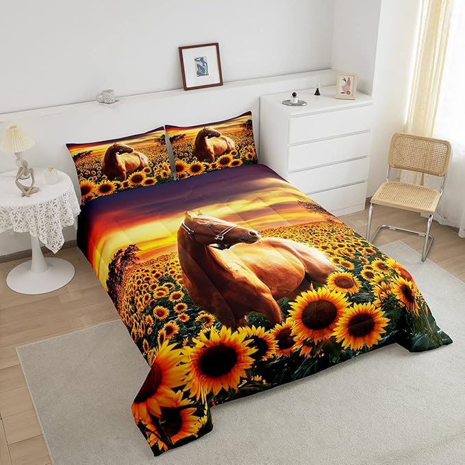 3D Horse Comforter Set for Kids Boys Wild Animal Down Comforter Girls Teen Adult Women Sunflower Quilted Duvet Brown Horse Bedding Comforters Cowboys Farmhouse Comforter with 2 Pillowcases, Queen Size