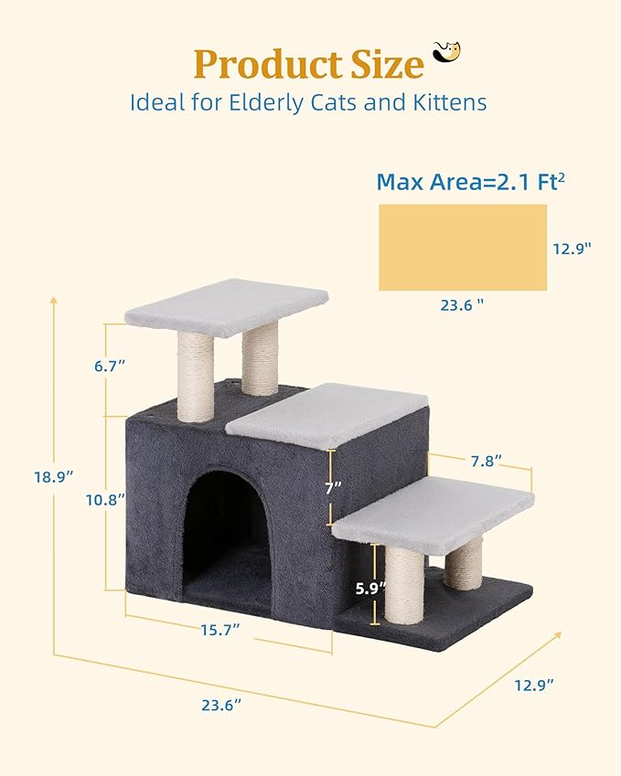 3-in-1 Pet Stairs for Cats, Dog Steps for Small Doggie,7.8'' Depth Cat Stairs,Indoor Cat Ladders for High Bed for Pet's Joints, Soft Plush, 1 Big Cat Condo Cave, Sisal Scratching Posts, Grey, Large