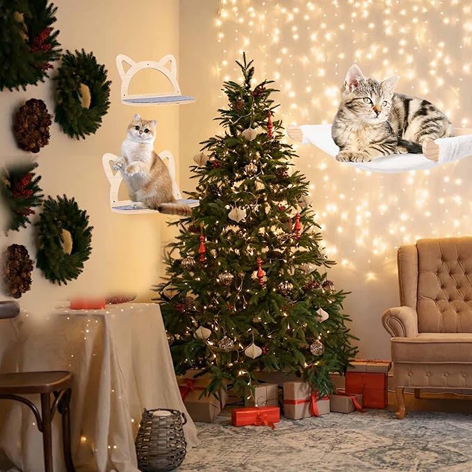 Defined Deco Cat Wall Shelves, Wall Mounted Cat Shelves and Perches with XXL Cat Hammock and 2 Cat Climbing Steps, Cat Furniture with Scratching Climbing Mat for Playing, Sleeping, and Lounging