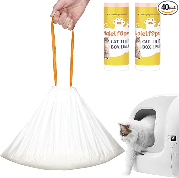 40 Count Drawstring Automatic Cat Litter Box Liner Bags, Disposable Heavy Duty Cat Litter Bags, Replaced Cat litter Box Bags Suit for PuraX PuraMax PuraMax2