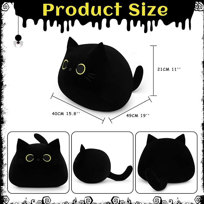 Auspicious Beginning Giant Black Cat Plush Toy - 19'' Stuffed Animal, Kawaii Plushie Cat Pillow, Halloween Decor Plush Gift for Kids