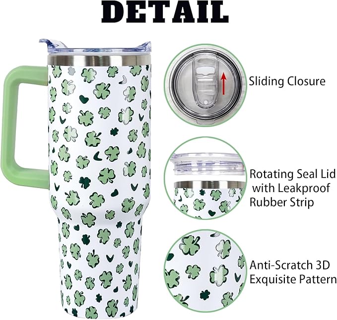40 Oz St Patricks Day Tumbler 3d-Printed Green Irish Shamrocks Tumbler Clover Gifts for Women Men Insulated Travel Cup with Handle Lid and Straw