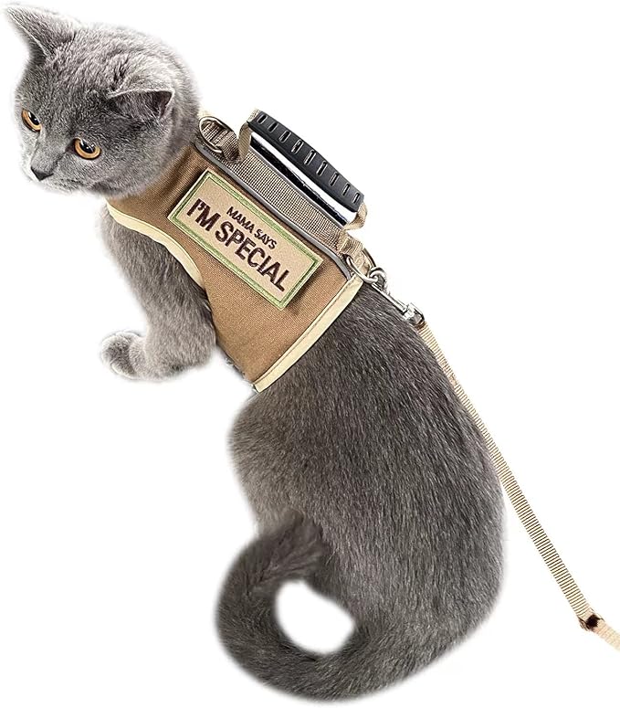 Tactical Cat Harness and Leash for Walking Escape Proof, Adjustable Cat Walking Jackets, Padded Stylish Cat Vest, Khaki, XX-Large