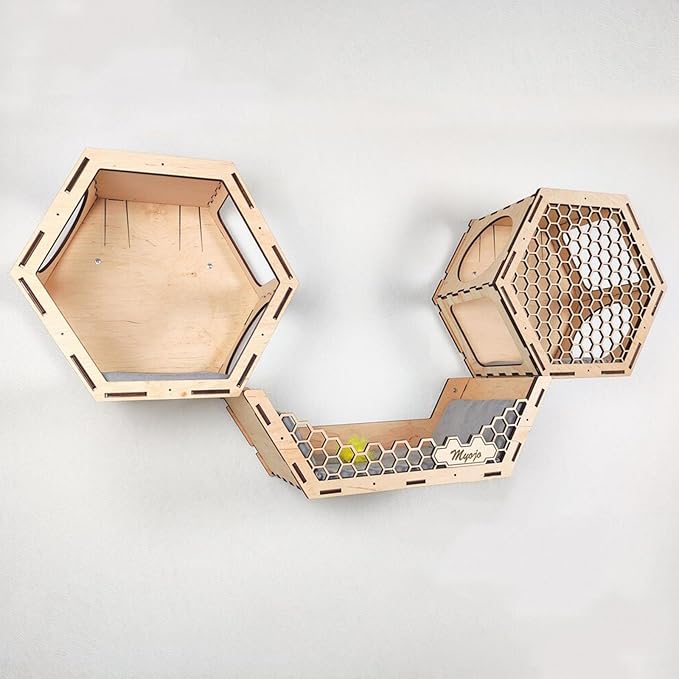 Wall Mounted Cat Shelves-Hexagon Cat Shelves and Perches for Wall Climbing-Cat Wall Furniture Set with 3 Scratching Steps and Washable Bed Mat-(Set of 1)