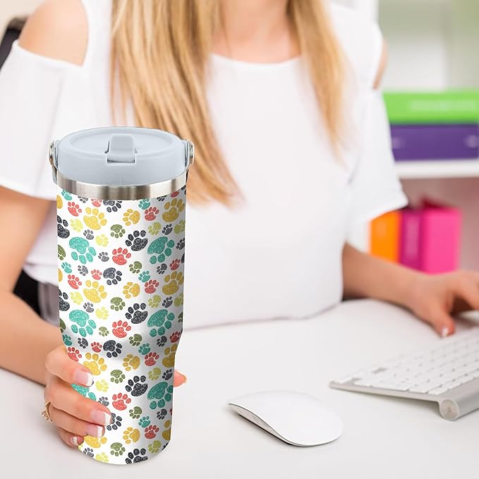 30 Oz Paw Print Tumbler with Handle and Straw, Insulated Paw Print Coffee Mug, Double Wall Stainless Steel Cat Paw Cup, Cat Mom Mug or Cat Dad Mug, 30 Oz Leak Proof Cat Paw Mug for Women Gifts