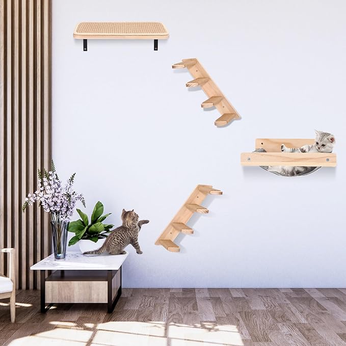 Kisston 4 Pcs Cat Wall Shelves Stairs Hammock Set Wooden Cat Wall Furniture Cat Climbing Shelves with 4 Steps Cat Stairway with Sisal Rope Scratching Hammock Mounted Cat Bed for Sleeping, Playing